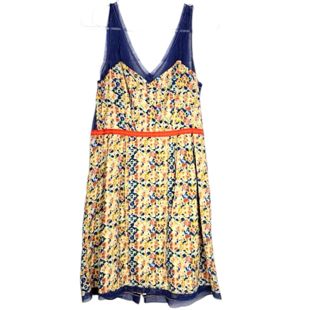 Staring at Stars for Anthropologie Floral Mini Dress Blue Orange V-Neck Size S